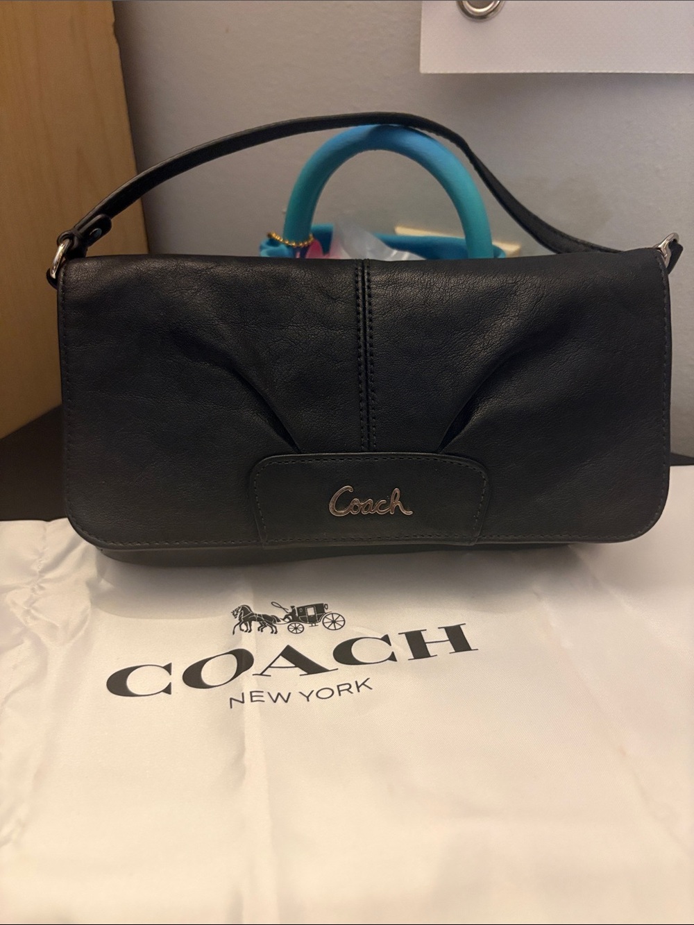 Coach Black Leather Shoulder Bag with Logo Plaque